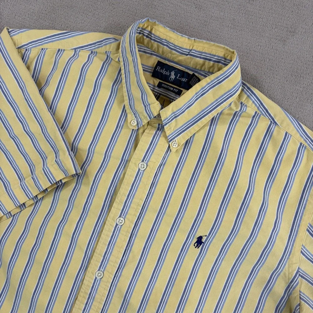 Polo Ralph Lauren Oxford Custom Fit Shirt Men XL in Yellow Blue Striped OCBD